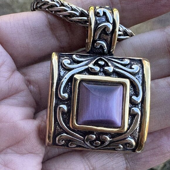 VTG Purple Optic Glass Silver Plated Pendant Necklace Matching Earrings 17"+ - Picture 9 of 9